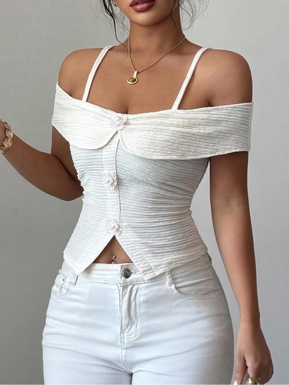 Chic Nation White Off-Shoulder Ruched Camisole with Button Detail